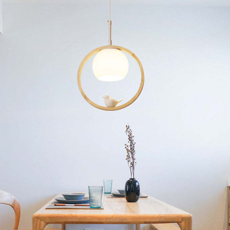 Dome Shade White Glass Pendant Nordic Style Wood Suspension Light with Ring and Bird