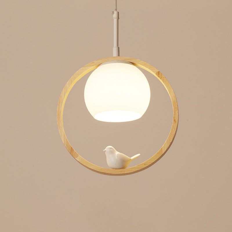 Dome Shade White Glass Pendant Nordic Style Wood Suspension Light with Ring and Bird