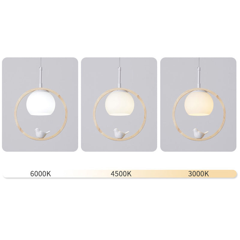 Dome Shade White Glass Pendant Nordic Style Wood Suspension Light with Ring and Bird