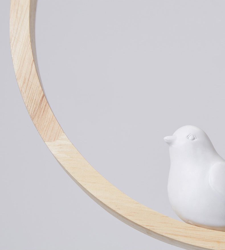 Dome Shade White Glass Pendant Nordic Style Wood Suspension Light with Ring and Bird