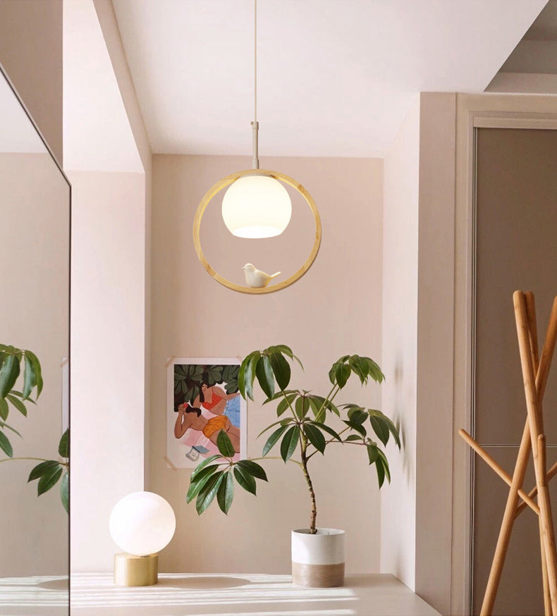Dome Shade White Glass Pendant Nordic Style Wood Suspension Light with Ring and Bird