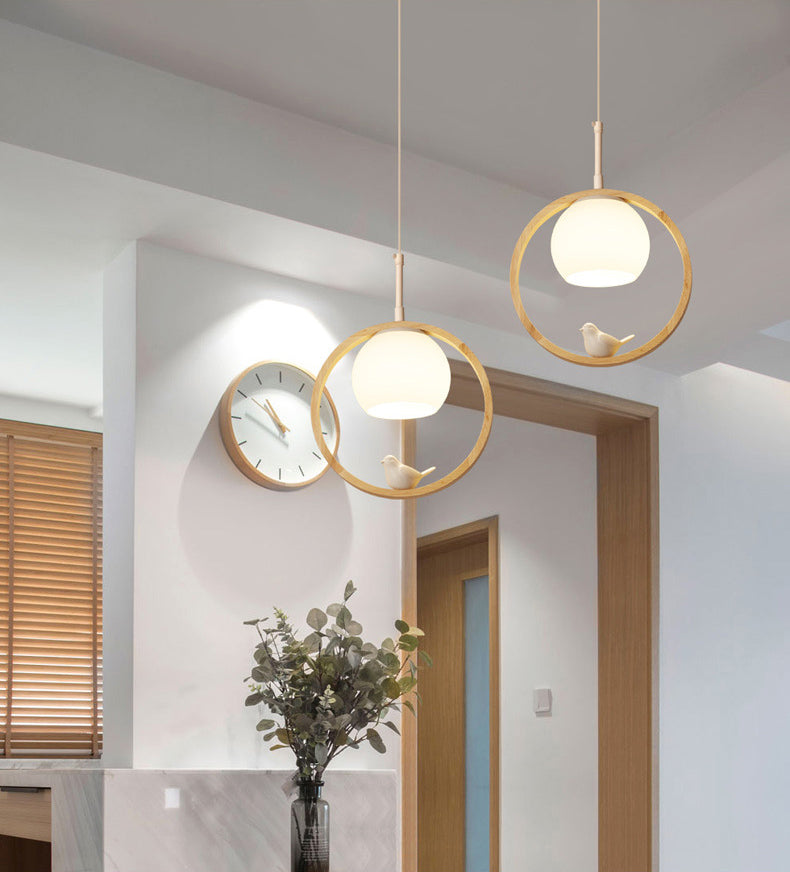 Dome Shade White Glass Pendant Nordic Style Wood Suspension Light with Ring and Bird