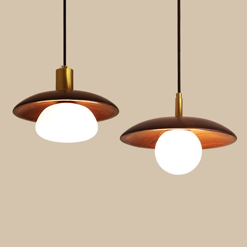 Dark Brown Saucer Pendant Lighting Simple 1-Light Wooden Ceiling Light with White Glass Shade