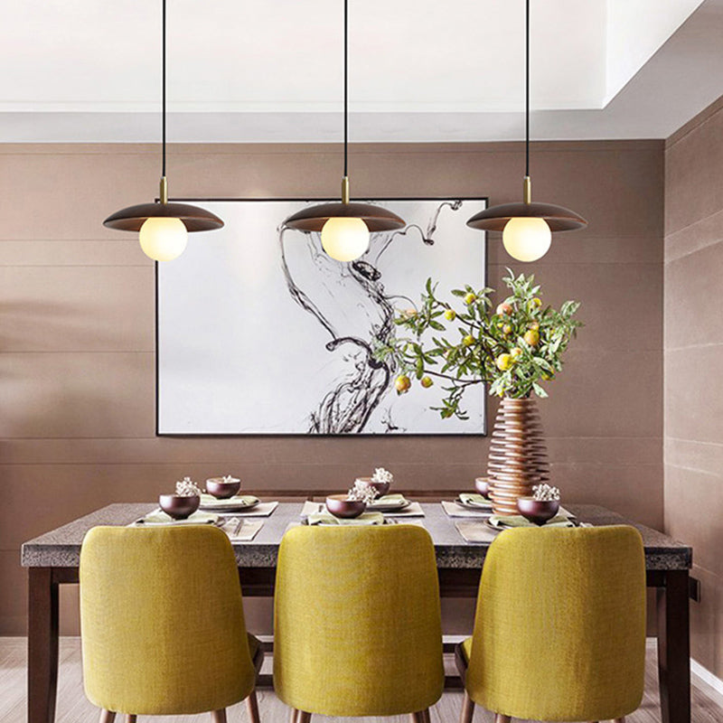 Dark Brown Saucer Pendant Lighting Simple 1-Light Wooden Ceiling Light with White Glass Shade