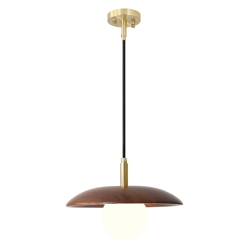 Dark Brown Saucer Pendant Lighting Simple 1-Light Wooden Ceiling Light with White Glass Shade