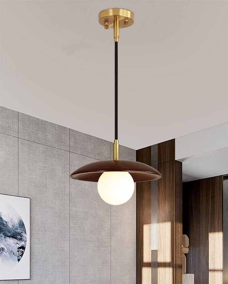 Dark Brown Saucer Pendant Lighting Simple 1-Light Wooden Ceiling Light with White Glass Shade