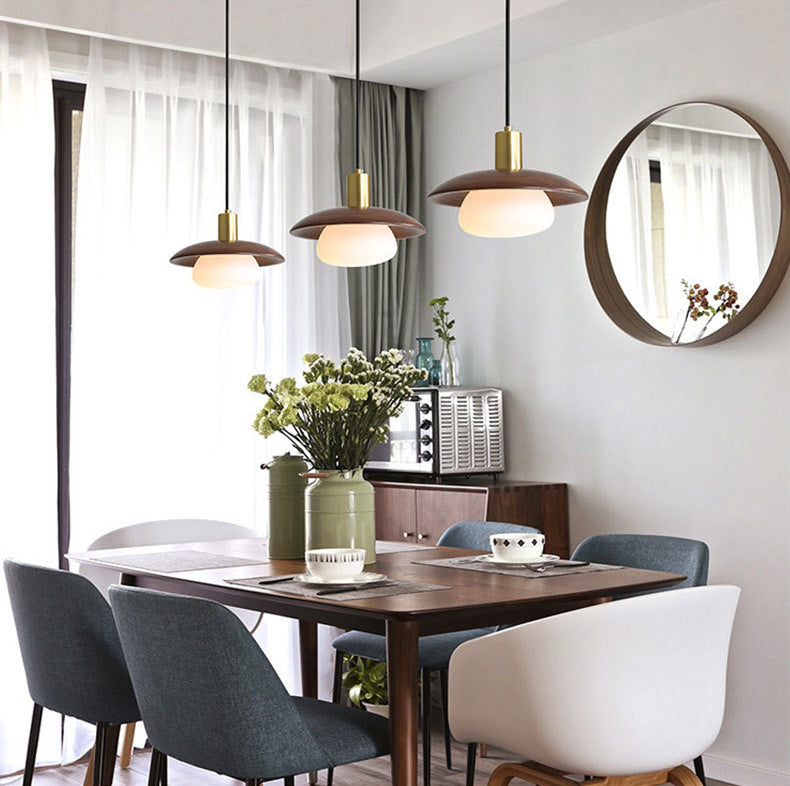 Dark Brown Saucer Pendant Lighting Simple 1-Light Wooden Ceiling Light with White Glass Shade