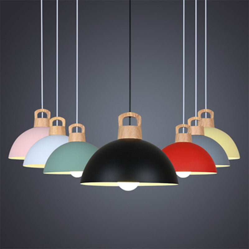 Macaron Style Domed Suspension Lamp Aluminum 1 Head Diner Pendant Light with Wooden Decor