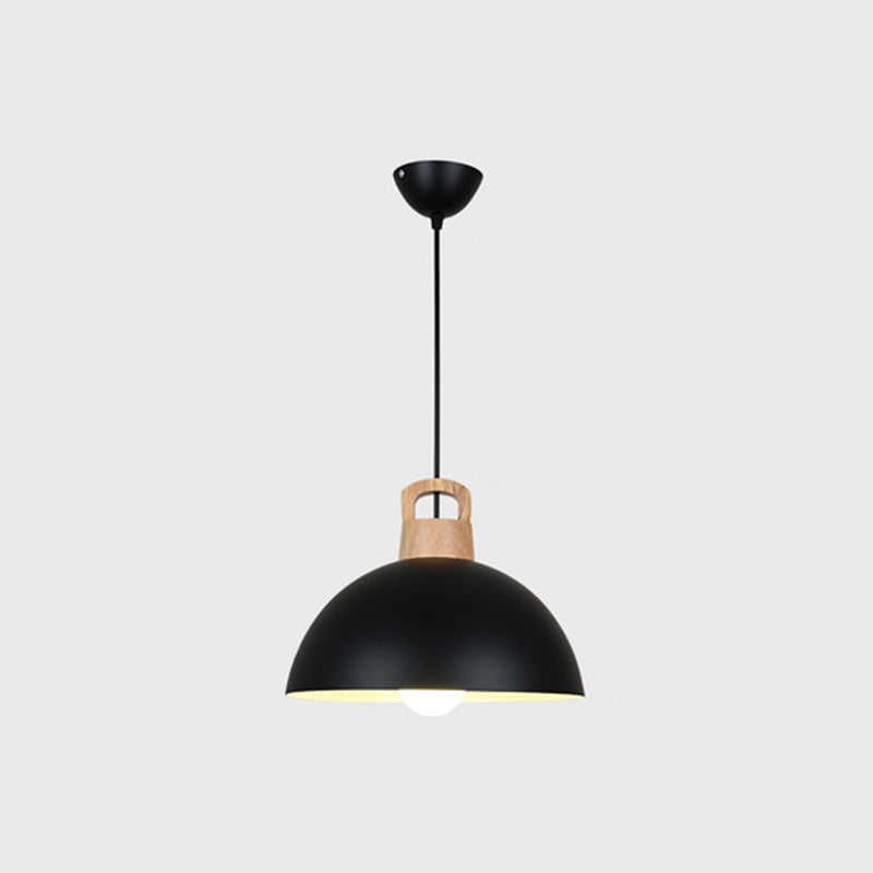Macaron Style Domed Suspension Lamp Aluminum 1 Head Diner Pendant Light with Wooden Decor