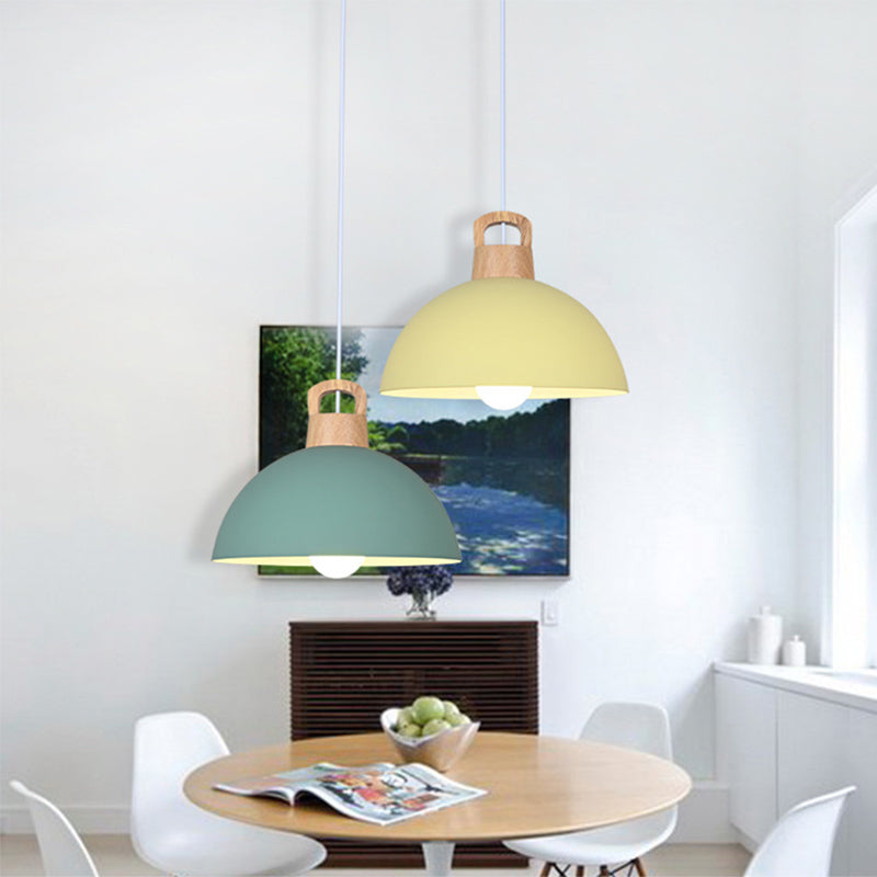 Macaron Style Domed Suspension Lamp Aluminum 1 Head Diner Pendant Light with Wooden Decor