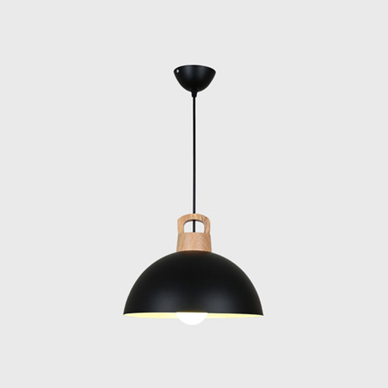 Macaron Style Domed Suspension Lamp Aluminum 1 Head Diner Pendant Light with Wooden Decor