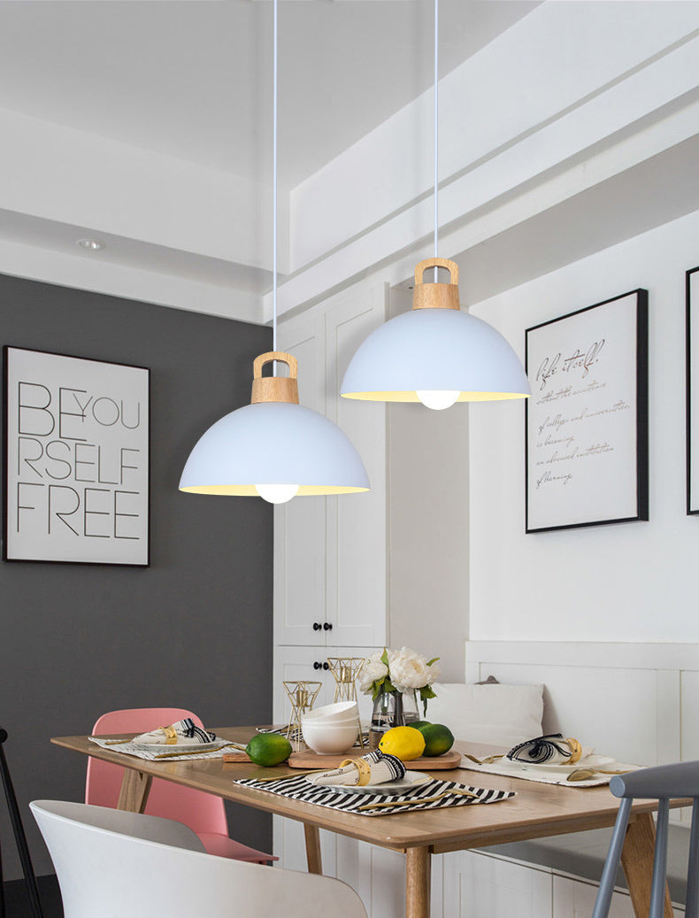 Macaron Style Domed Suspension Lamp Aluminum 1 Head Diner Pendant Light with Wooden Decor