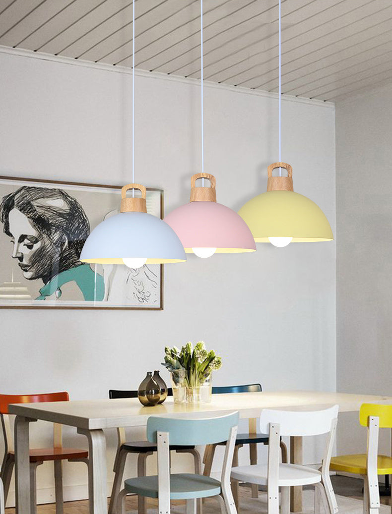 Macaron Style Domed Suspension Lamp Aluminum 1 Head Diner Pendant Light with Wooden Decor