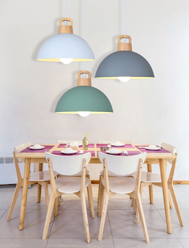 Macaron Style Domed Suspension Lamp Aluminum 1 Head Diner Pendant Light with Wooden Decor
