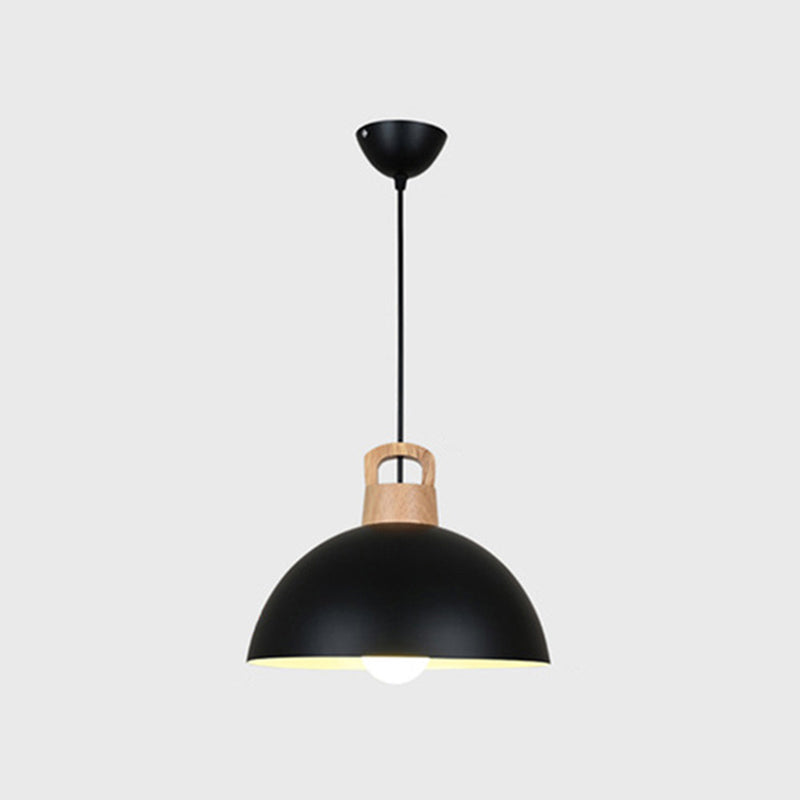 Macaron Style Domed Suspension Lamp Aluminum 1 Head Diner Pendant Light with Wooden Decor