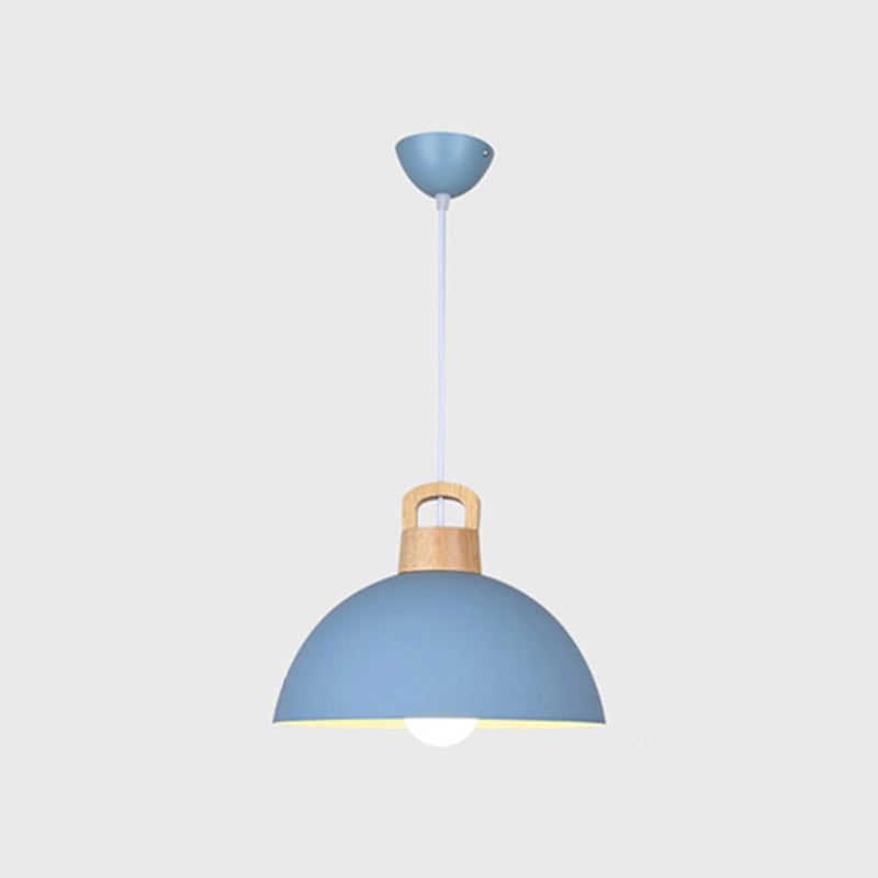 Macaron Style Domed Suspension Lamp Aluminum 1 Head Diner Pendant Light with Wooden Decor