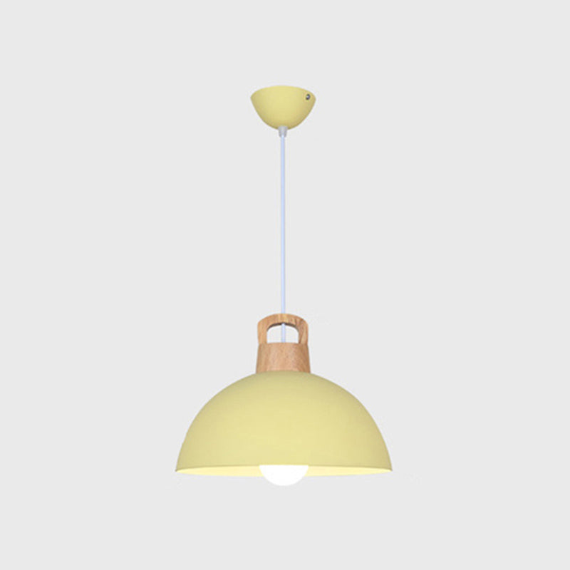 Macaron Style Domed Suspension Lamp Aluminum 1 Head Diner Pendant Light with Wooden Decor