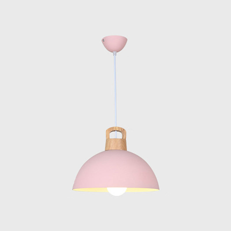 Macaron Style Domed Suspension Lamp Aluminum 1 Head Diner Pendant Light with Wooden Decor