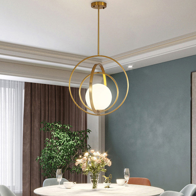 Spherical White Glass Pendant Lamp Postmodern 1 Head Gold Pendulum Light with Metal Rings