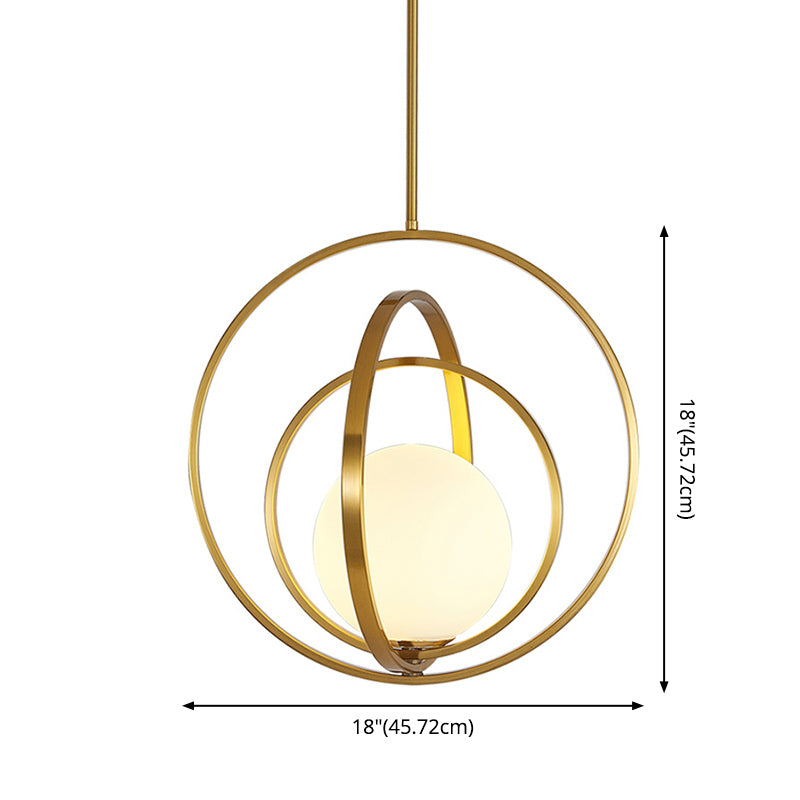Spherical White Glass Pendant Lamp Postmodern 1 Head Gold Pendulum Light with Metal Rings