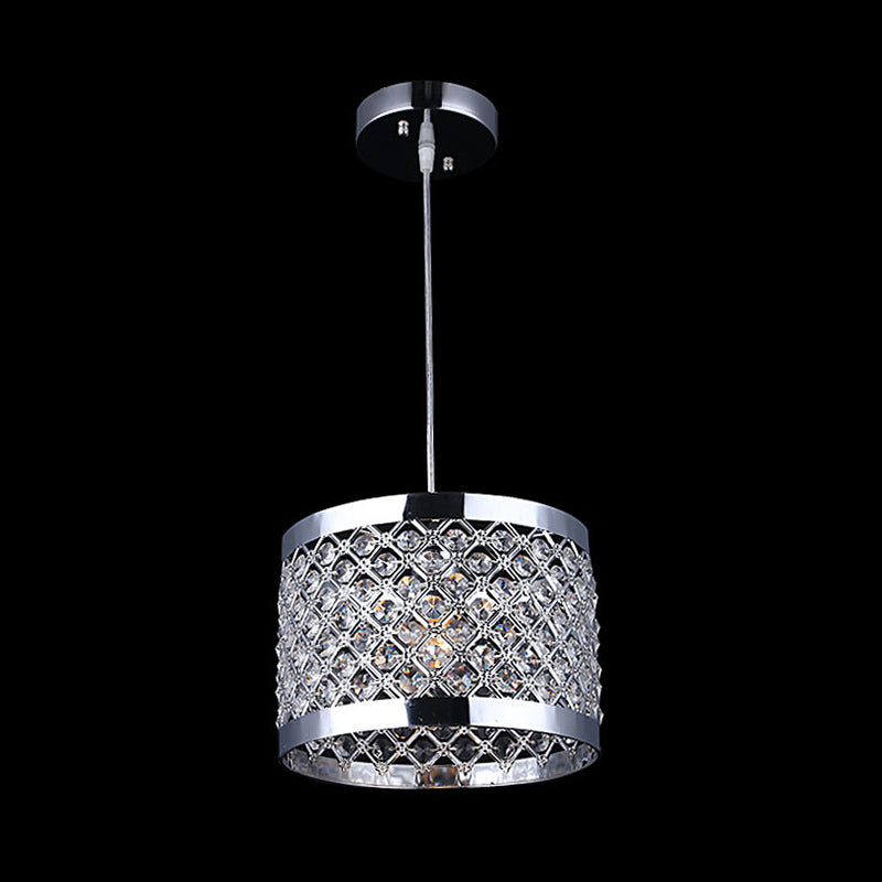 Metal Cylindrical Pendant Lamp Modern Style 1-Light Hanging Light with Crystal Beads