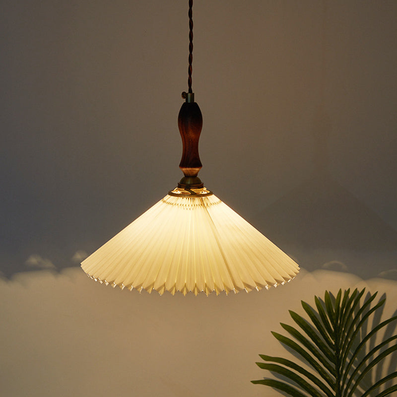 Pleated Fabric Conical Pendant Lamp Minimalist 1-Light Beige Hanging Light for Dining Room