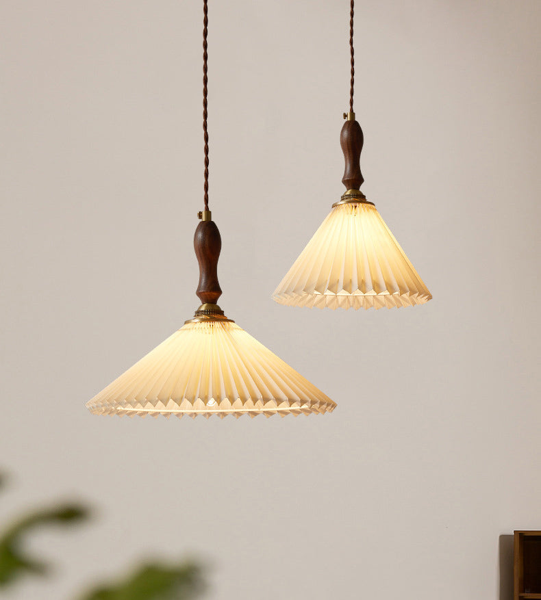 Pleated Fabric Conical Pendant Lamp Minimalist 1-Light Beige Hanging Light for Dining Room