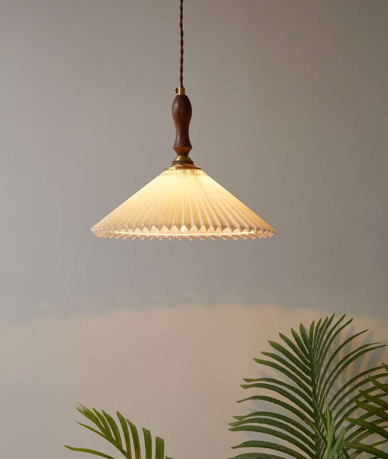 Pleated Fabric Conical Pendant Lamp Minimalist 1-Light Beige Hanging Light for Dining Room