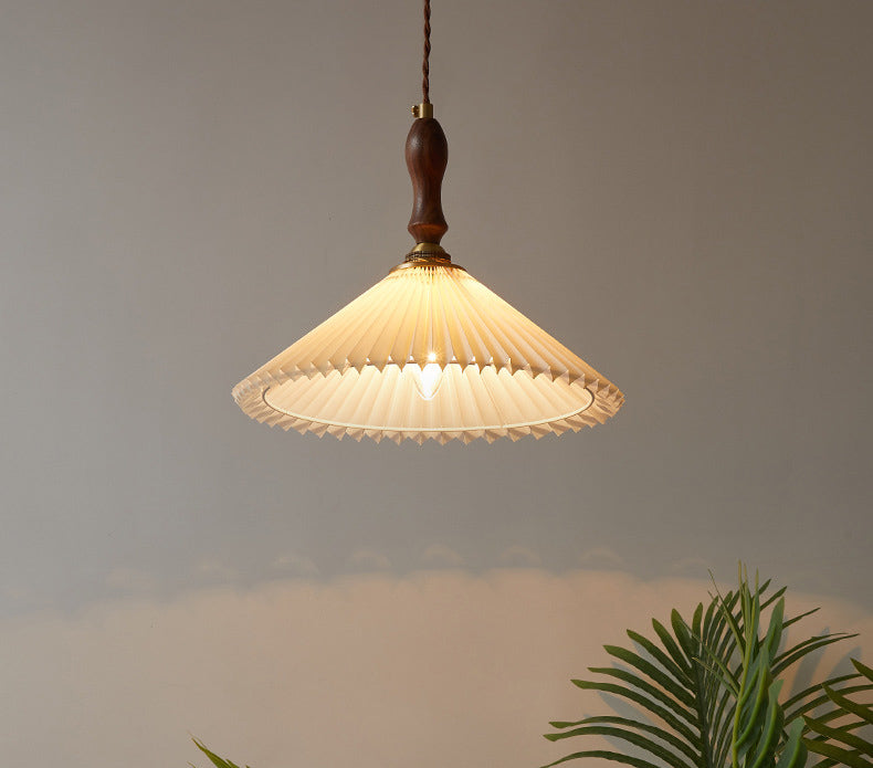 Pleated Fabric Conical Pendant Lamp Minimalist 1-Light Beige Hanging Light for Dining Room