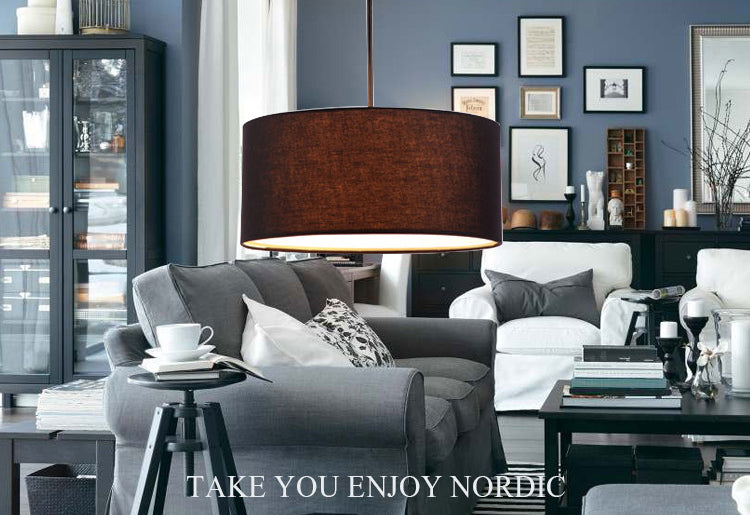 Restaurant Hanging Lamp Fixture Modern Minimalist Pendant Light with Drum Fabric Shade