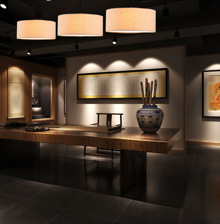 Restaurant Hanging Lamp Fixture Modern Minimalist Pendant Light with Drum Fabric Shade