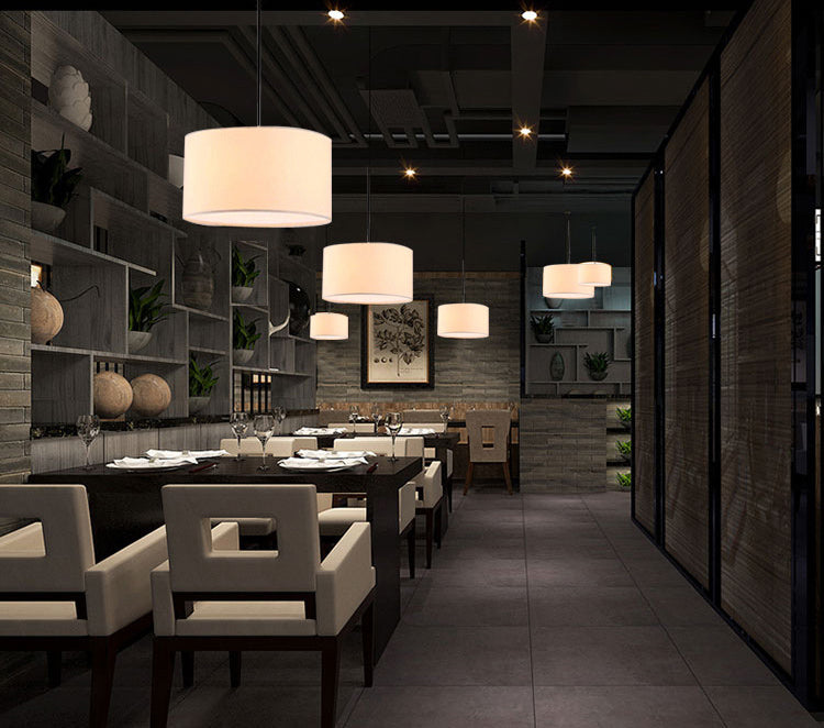 Restaurant Hanging Lamp Fixture Modern Minimalist Pendant Light with Drum Fabric Shade