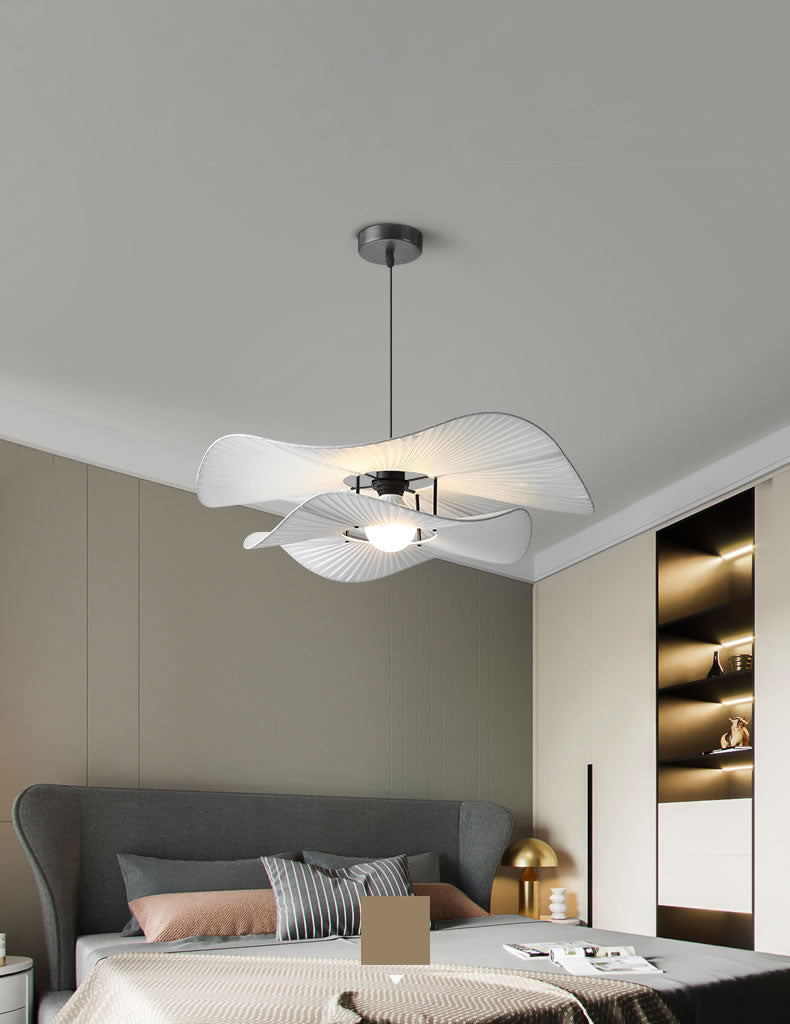 White Ruffled Suspension Lamp Minimalism 1 Bulb Fabric Pendant Light Fixture for Bedroom