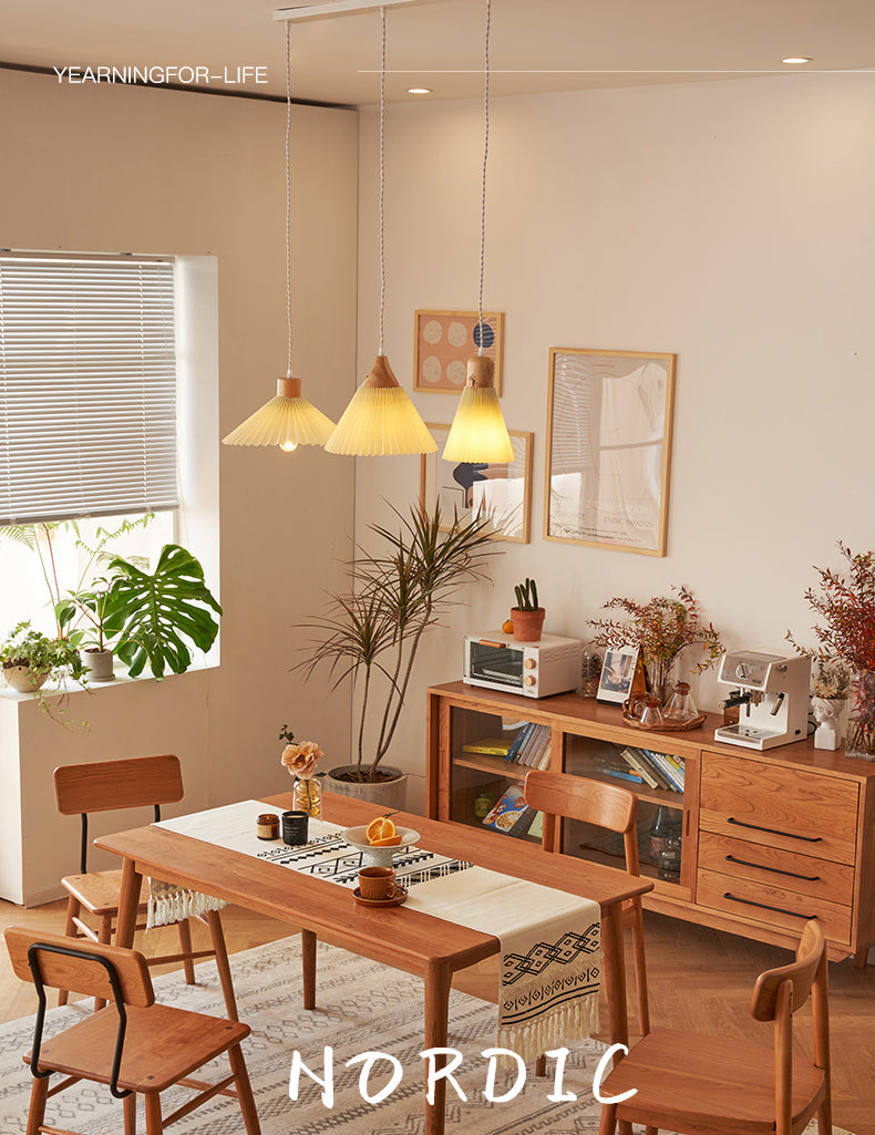 Pleated Fabric Shade Hanging Lamp Nordic Style Single Wood Pendant Lighting for Diner