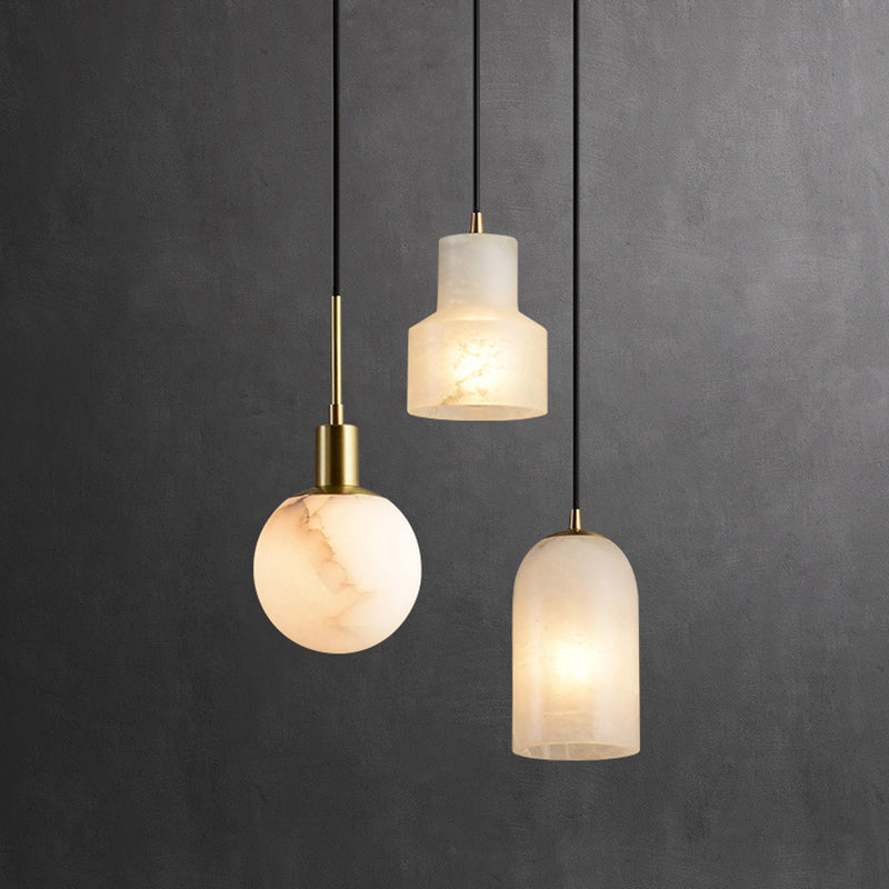 Minimalistic 1-Bulb Drop Pendant White Mini Suspension Lighting with Marble Shade