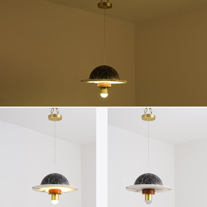 Novelty Postmodern UFO Shaped Pendant Light Marble Bedside LED Hanging Lamp in Gold