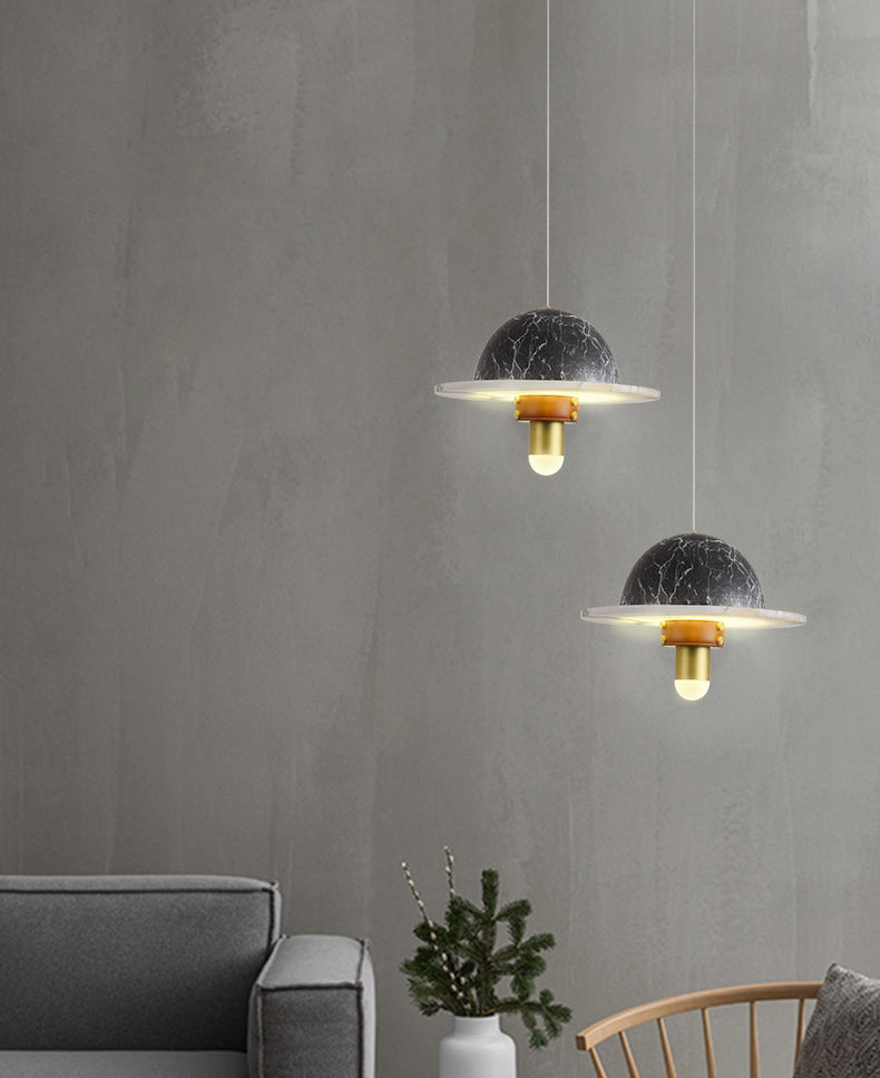 Novelty Postmodern UFO Shaped Pendant Light Marble Bedside LED Hanging Lamp in Gold