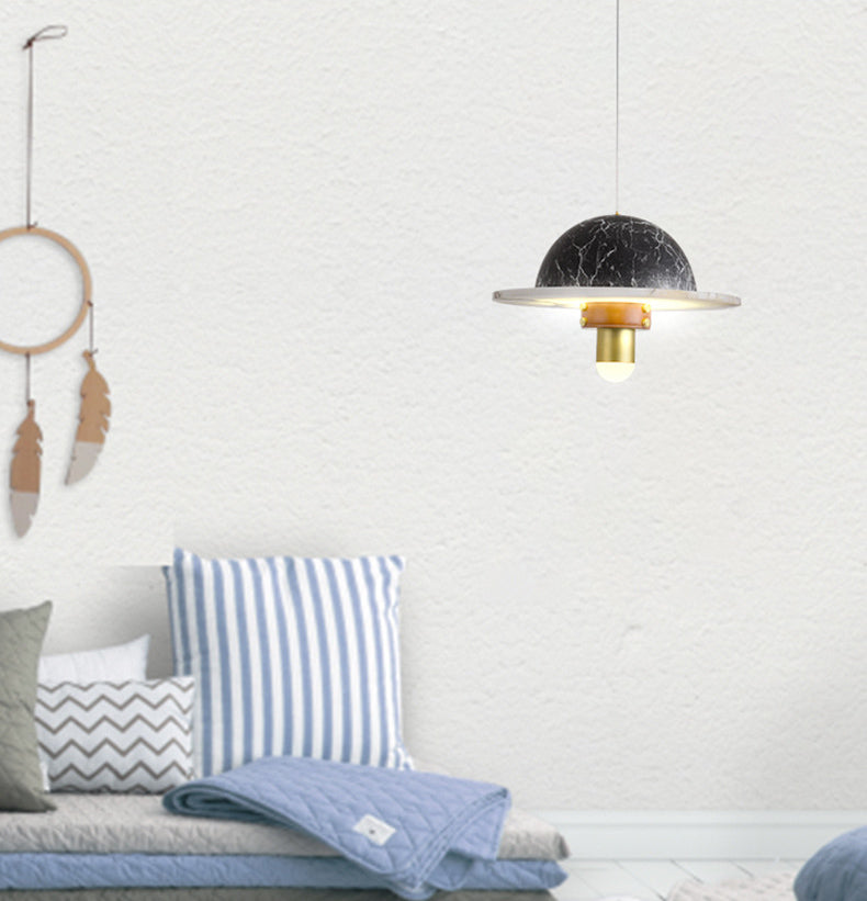 Novelty Postmodern UFO Shaped Pendant Light Marble Bedside LED Hanging Lamp in Gold