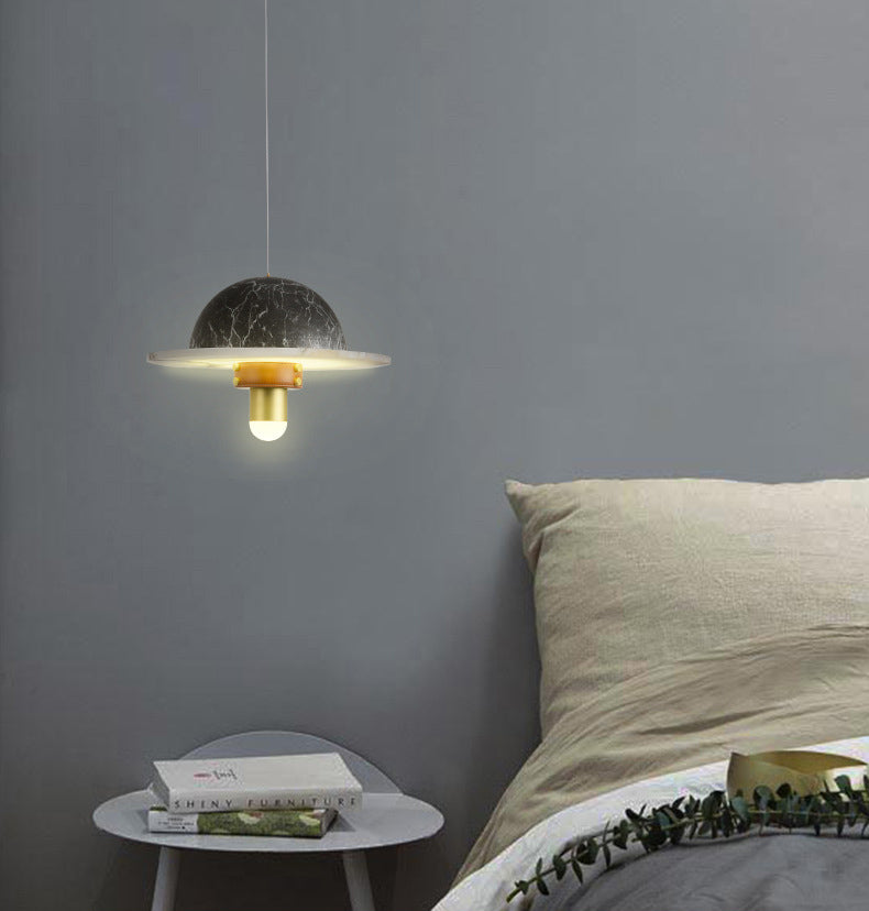Novelty Postmodern UFO Shaped Pendant Light Marble Bedside LED Hanging Lamp in Gold