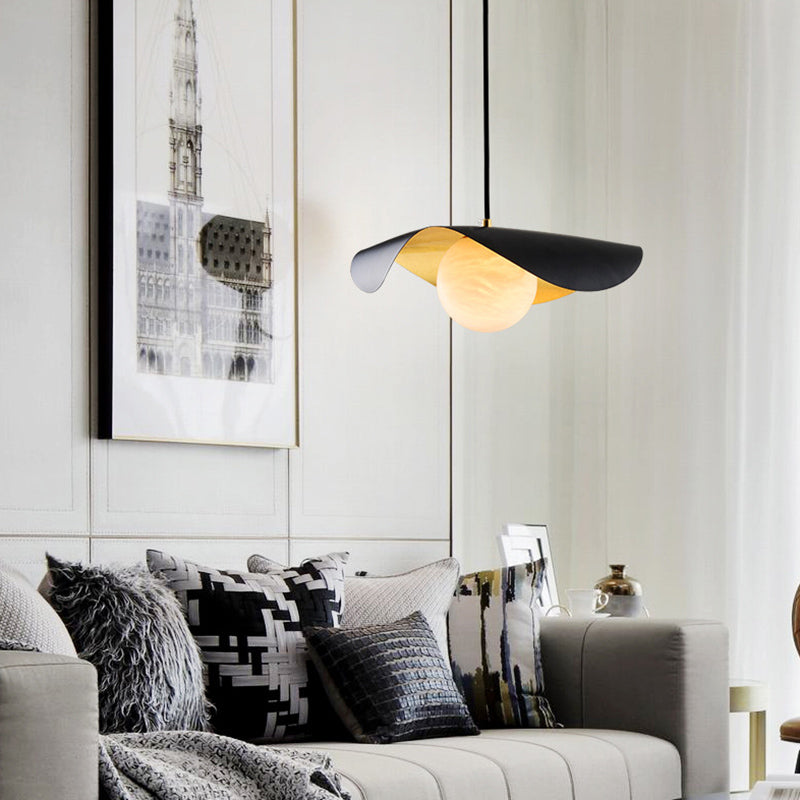 Black and Gold Inner Ruffle Pendant Postmodern 1 Bulb Faux Marble Hanging Light with Ball Glass Shade