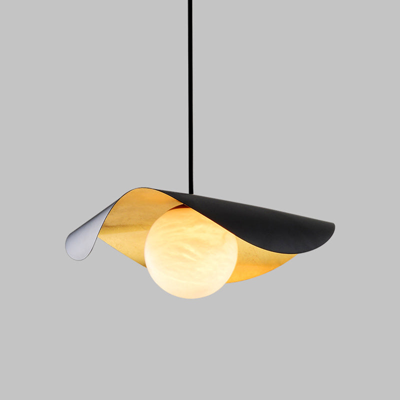 Black and Gold Inner Ruffle Pendant Postmodern 1 Bulb Faux Marble Hanging Light with Ball Glass Shade