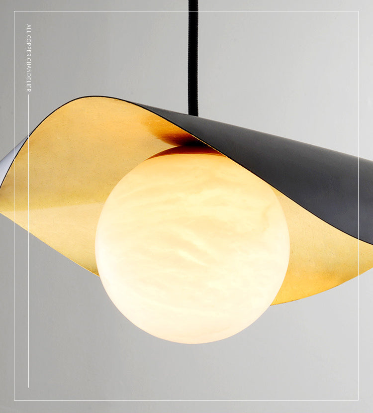 Black and Gold Inner Ruffle Pendant Postmodern 1 Bulb Faux Marble Hanging Light with Ball Glass Shade