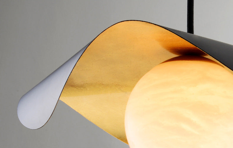 Black and Gold Inner Ruffle Pendant Postmodern 1 Bulb Faux Marble Hanging Light with Ball Glass Shade