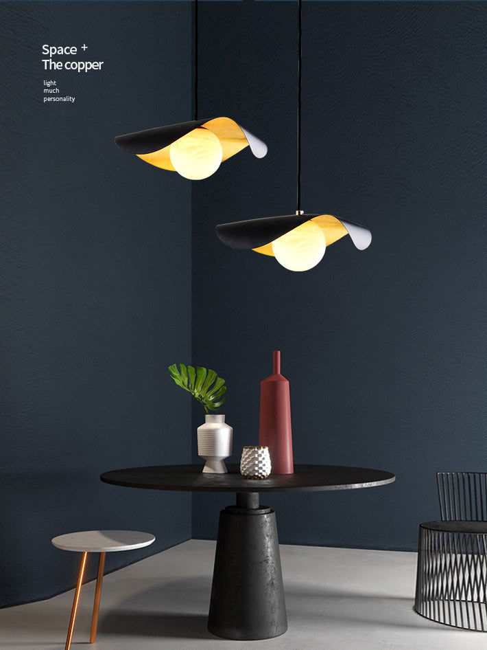 Black and Gold Inner Ruffle Pendant Postmodern 1 Bulb Faux Marble Hanging Light with Ball Glass Shade