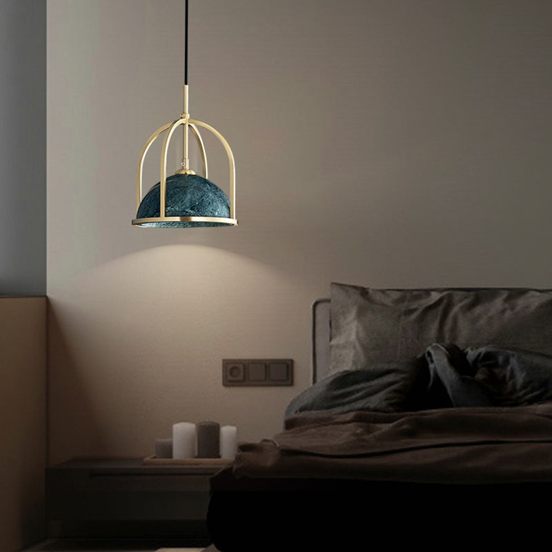 Blackish Green Shade Pendant Light Retro Nordic 1-Light Marble Hanging Light with Gold Cage