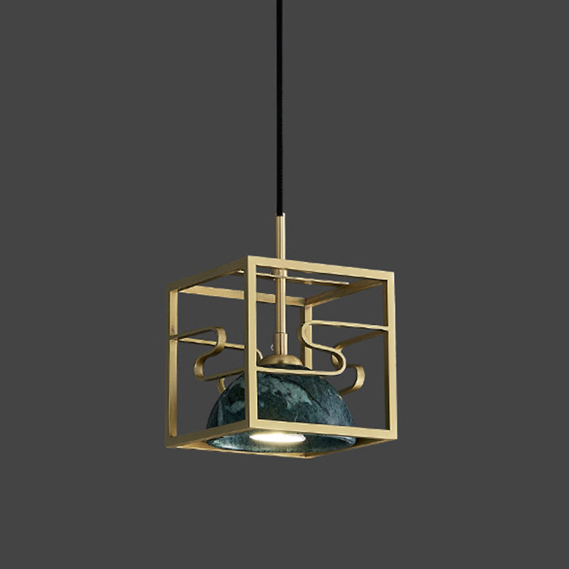 Blackish Green Shade Pendant Light Retro Nordic 1-Light Marble Hanging Light with Gold Cage
