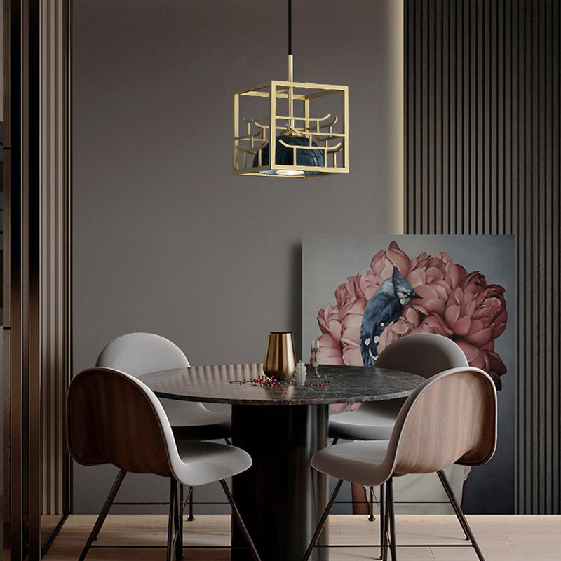 Blackish Green Shade Pendant Light Retro Nordic 1-Light Marble Hanging Light with Gold Cage