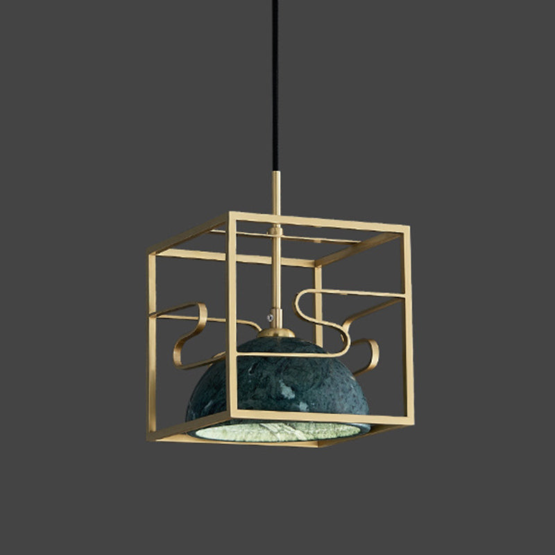 Blackish Green Shade Pendant Light Retro Nordic 1-Light Marble Hanging Light with Gold Cage