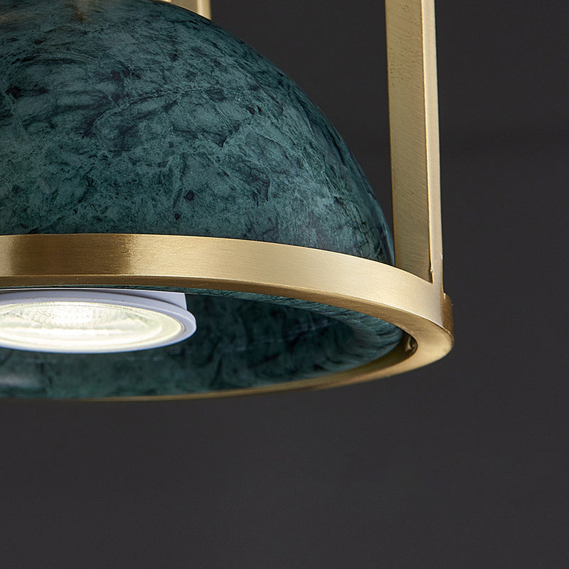 Blackish Green Shade Pendant Light Retro Nordic 1-Light Marble Hanging Light with Gold Cage