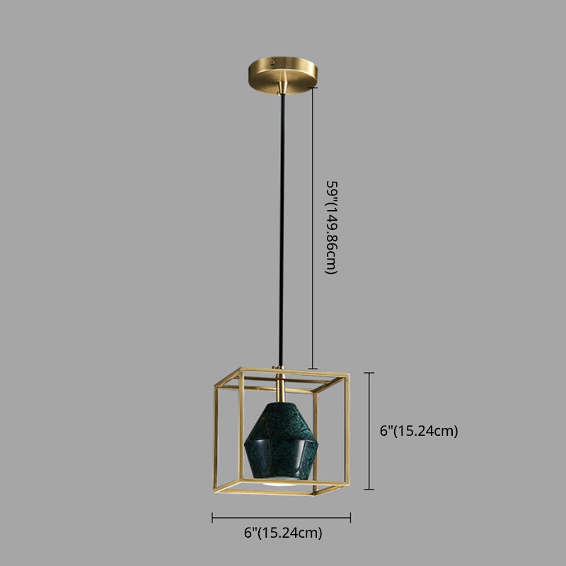Blackish Green Shade Pendant Light Retro Nordic 1-Light Marble Hanging Light with Gold Cage